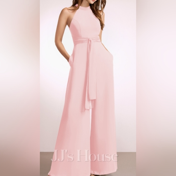 JJ's House Pantsuit High Neck Floor-Length Chiffon Bridesmaid Dress With Bow New